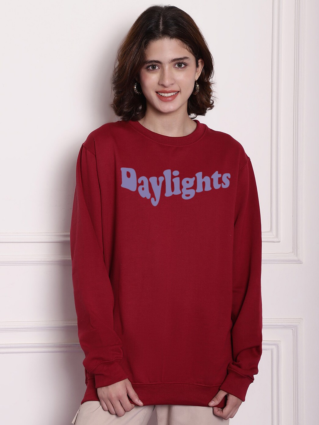 

Imsa Moda Typography Printed Long Sleeves Fleece Oversized Pullover, Maroon