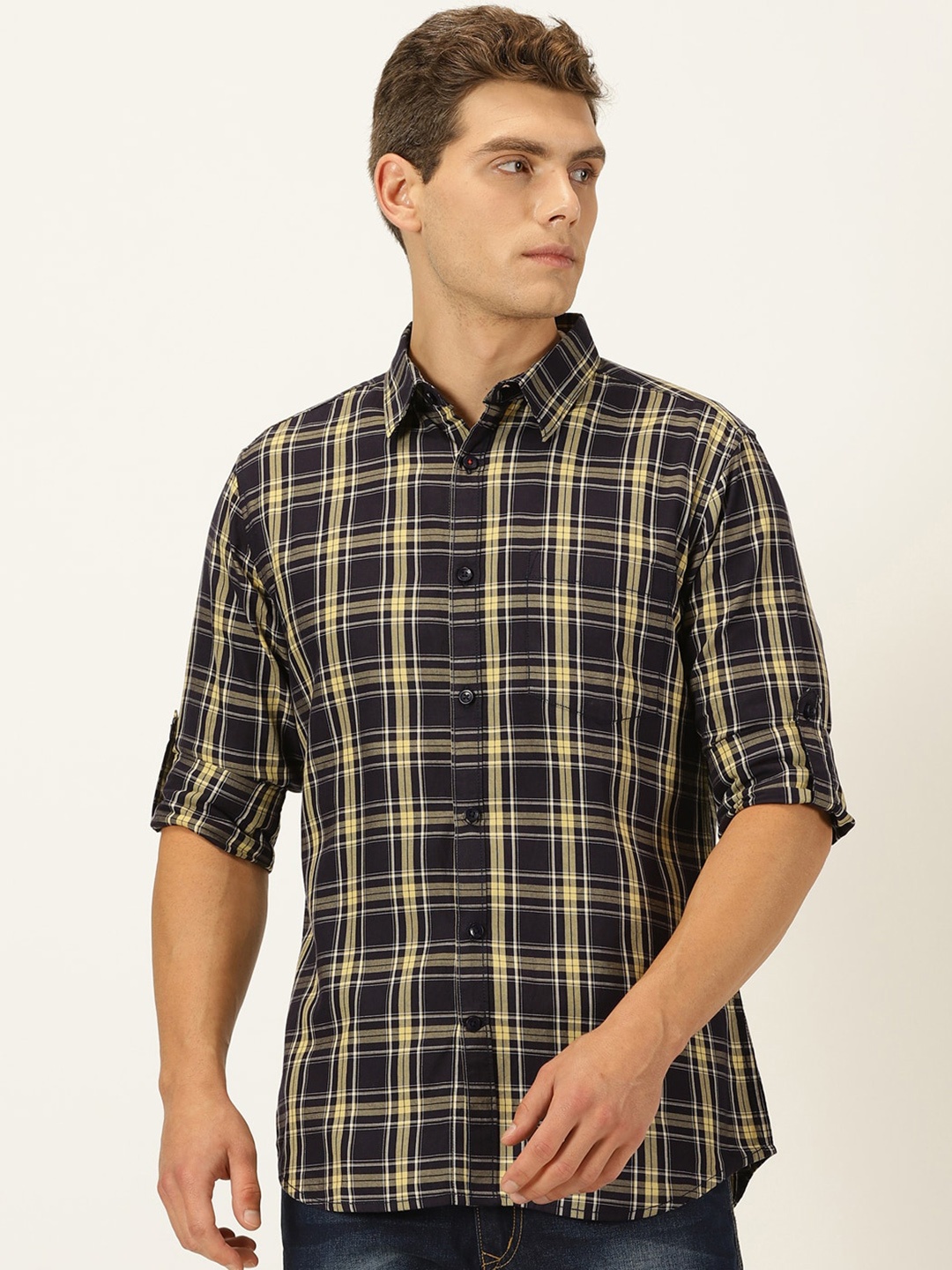

Harvard Navy Blue Classic Slim Fit Twill Tartan Checked Pure Cotton Casual Shirt