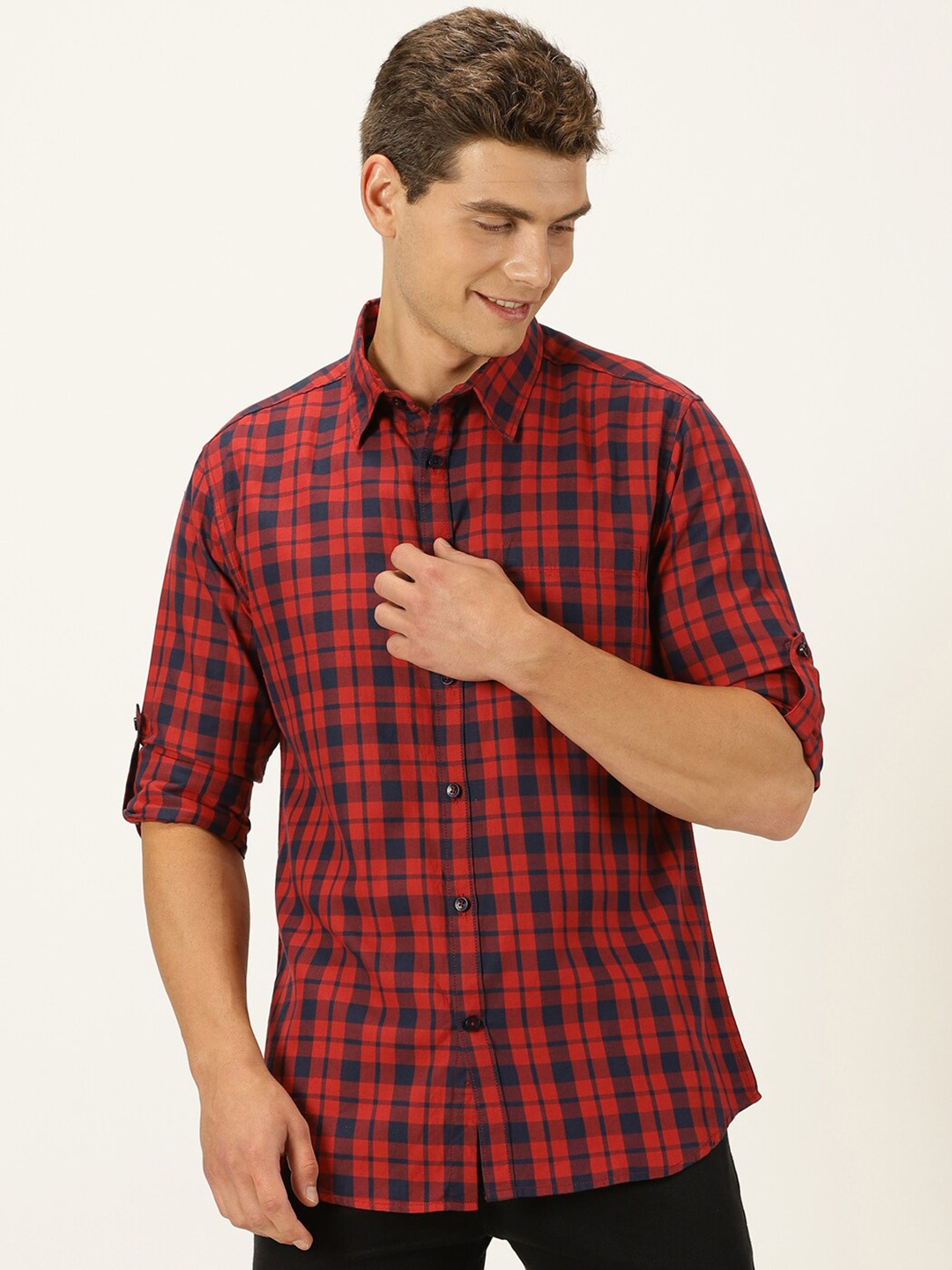 

Harvard Red Classic Slim Fit Twill Tartan Checked Pure Cotton Casual Shirt