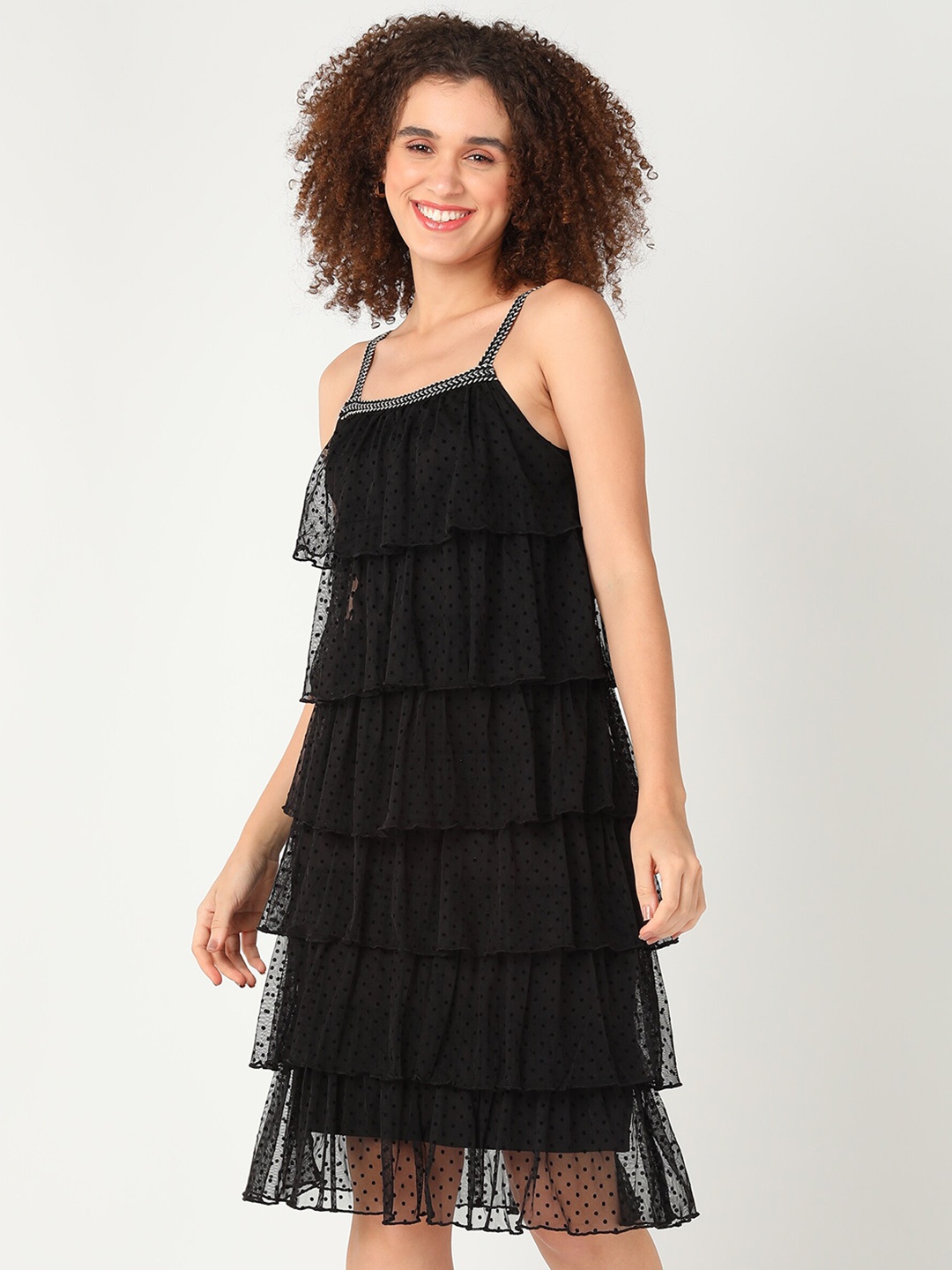 

DressBerry Black Self Design Shoulder Straps Sleeveless Layered A-Line Dress