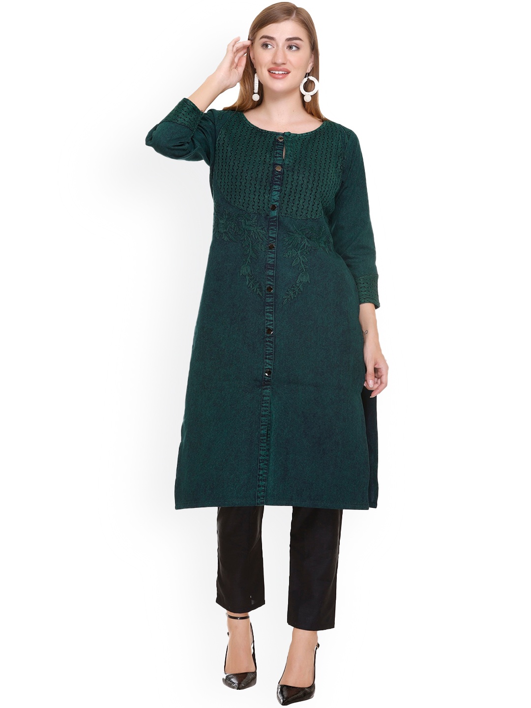 

Elthia Floral Embroidered Denim Pure Cotton Straight Kurta, Green