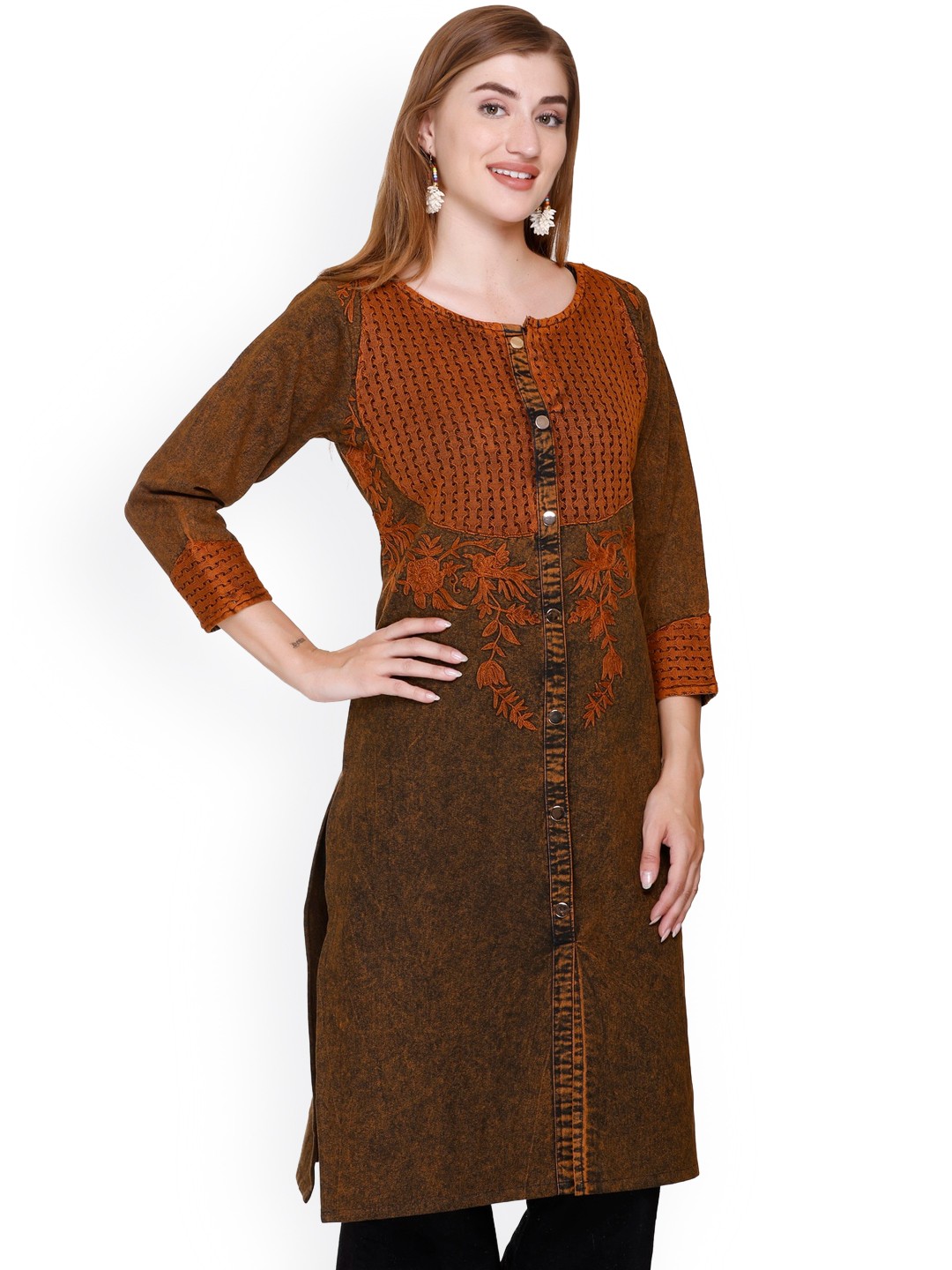 

Elthia Floral Embroidered Denim Pure Cotton Straight Kurta, Brown