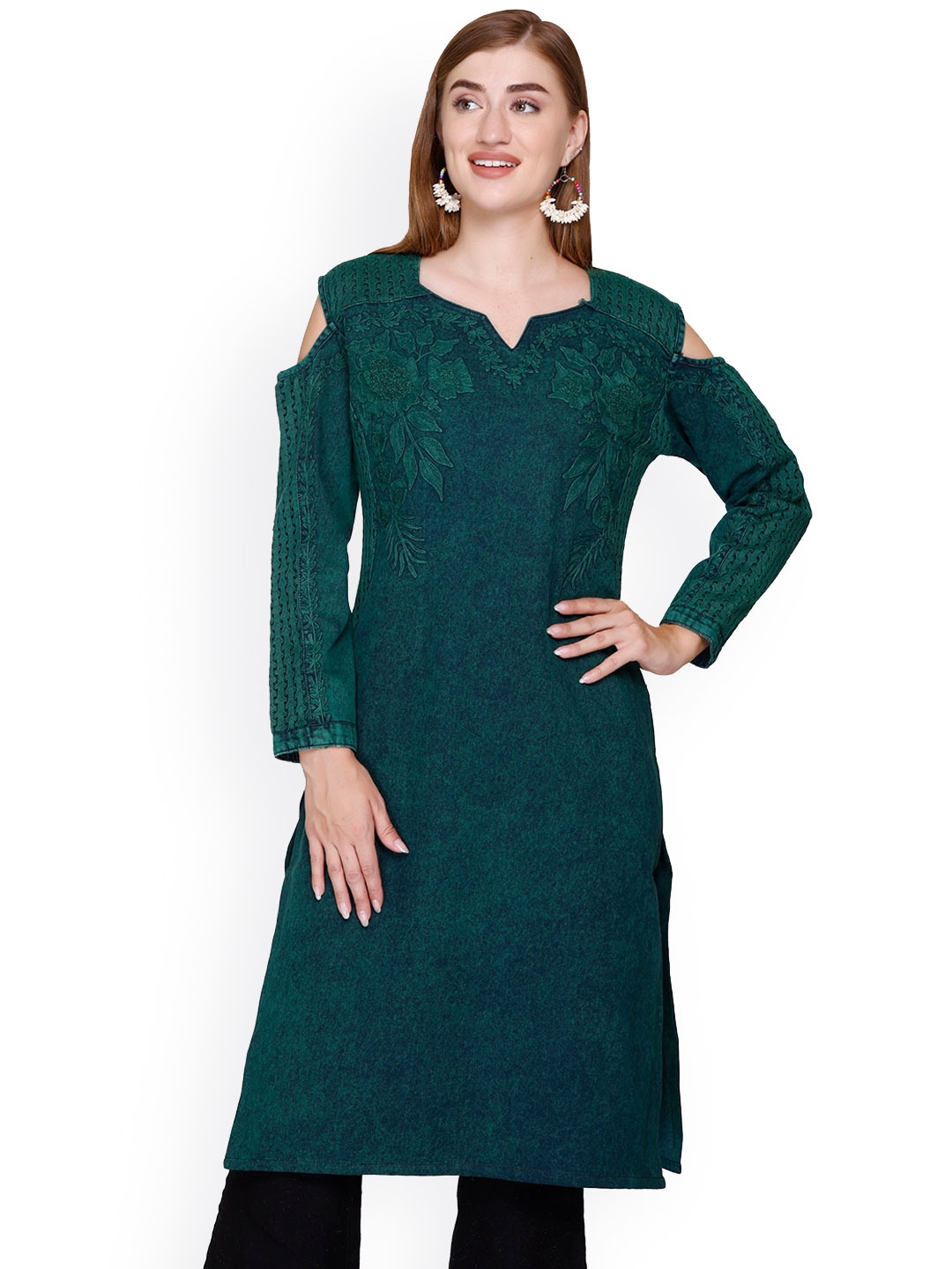 

Elthia Floral Embroidered Denim Pure Cotton Straight Kurta, Green