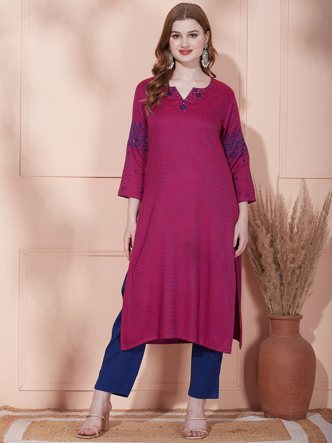

FASHOR Purple Thread Work Detailed Straight Kurta