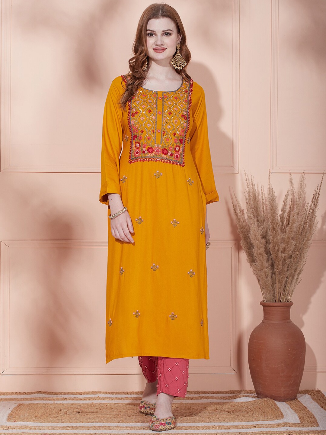 

FASHOR Mustard Yellow Ethnic Motifs Embroidered Thread Work Straight Kurta