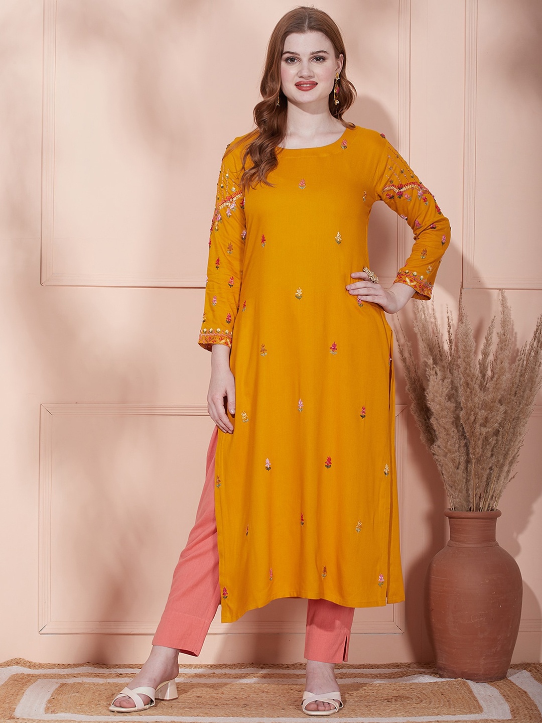 

FASHOR Mustard Yellow Ethnic Motifs Embroidered Thread Work Straight Kurta