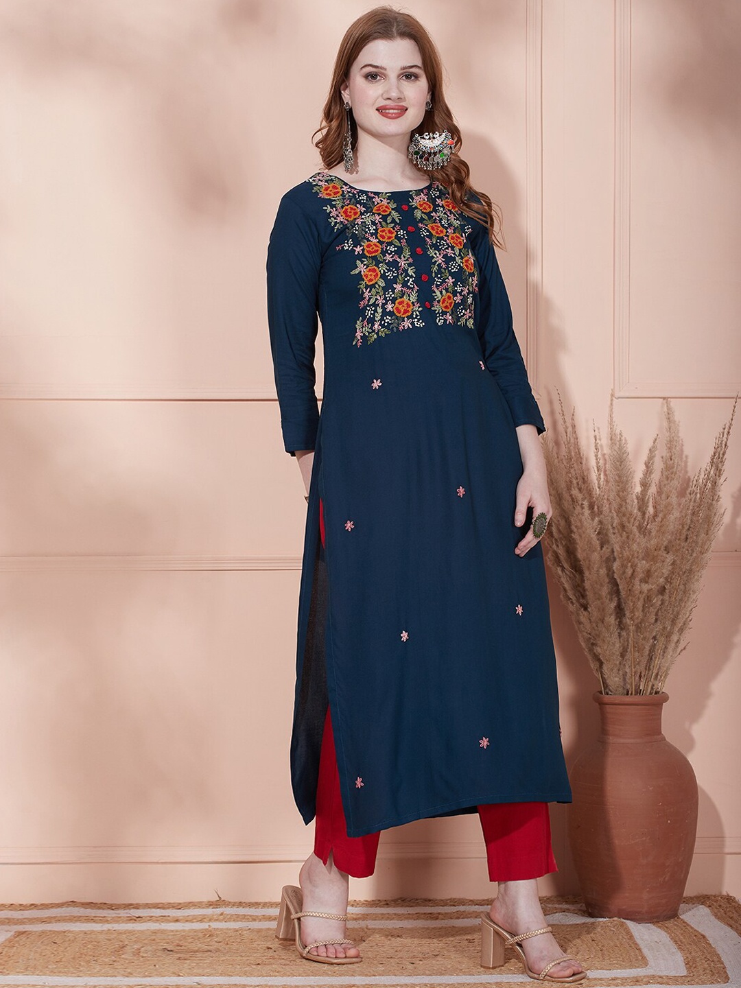 

FASHOR Ethnic Motifs Embroidered Straight Kurta, Teal