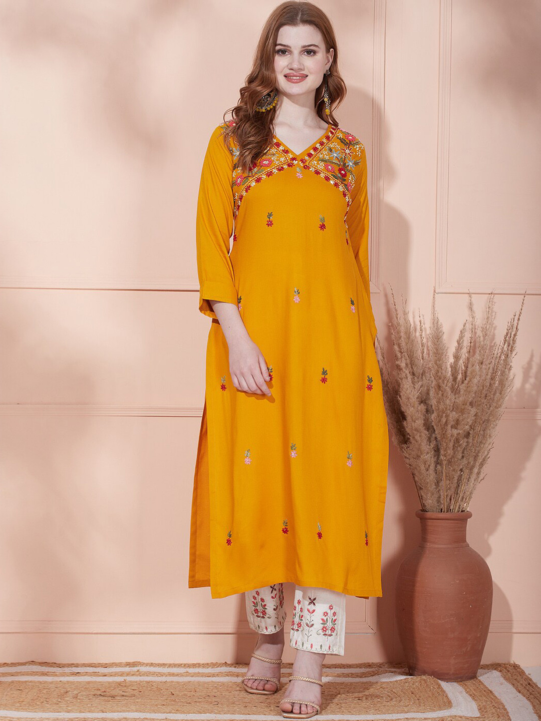 

FASHOR Ethnic Motifs Embroidered V-Neck Straight Kurta, Mustard