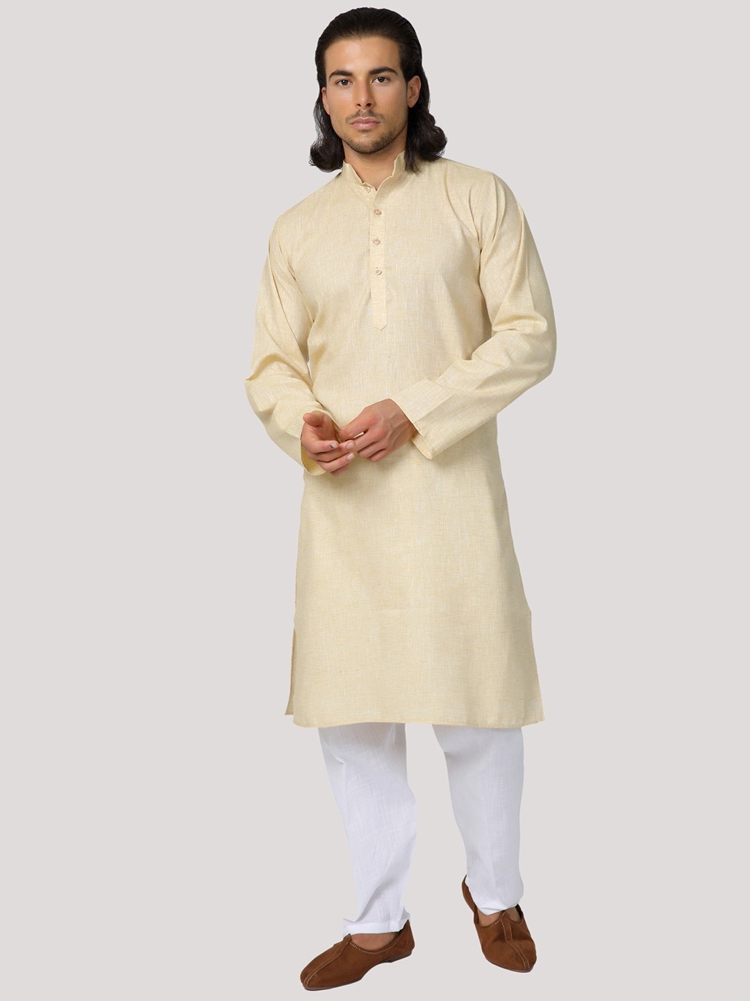 

MAG Mandarin Collar Regular Pure Cotton Kurta with Pyjamas, Beige