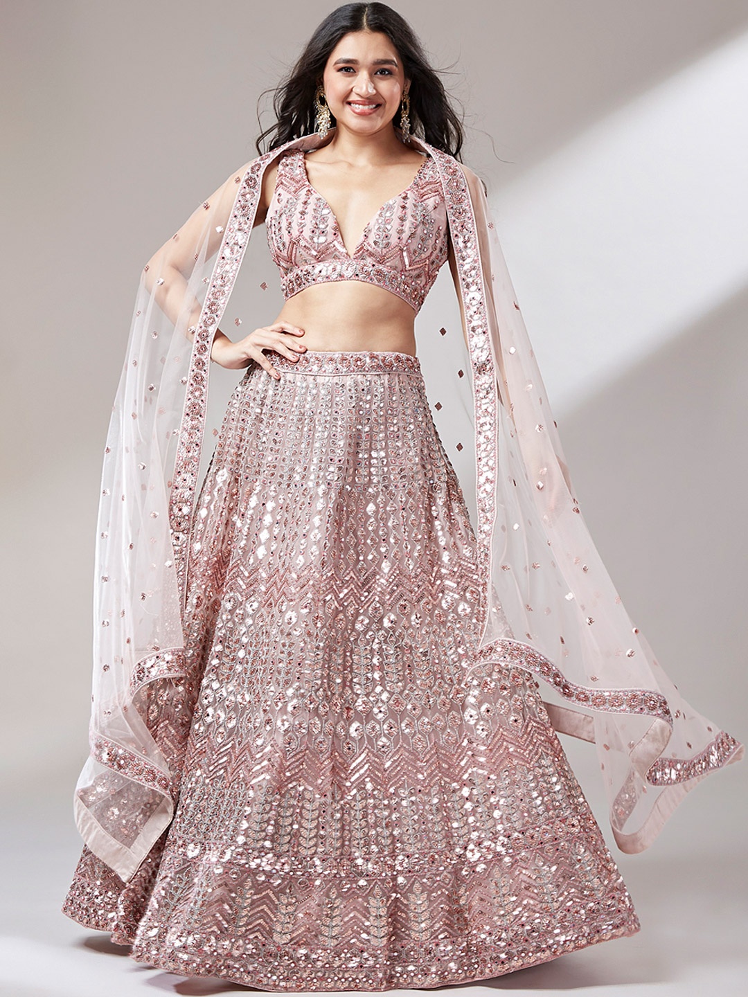 

panchhi Embroidered Sequinned Semi-Stitched Lehenga & Unstitched Blouse With Dupatta, Rose gold