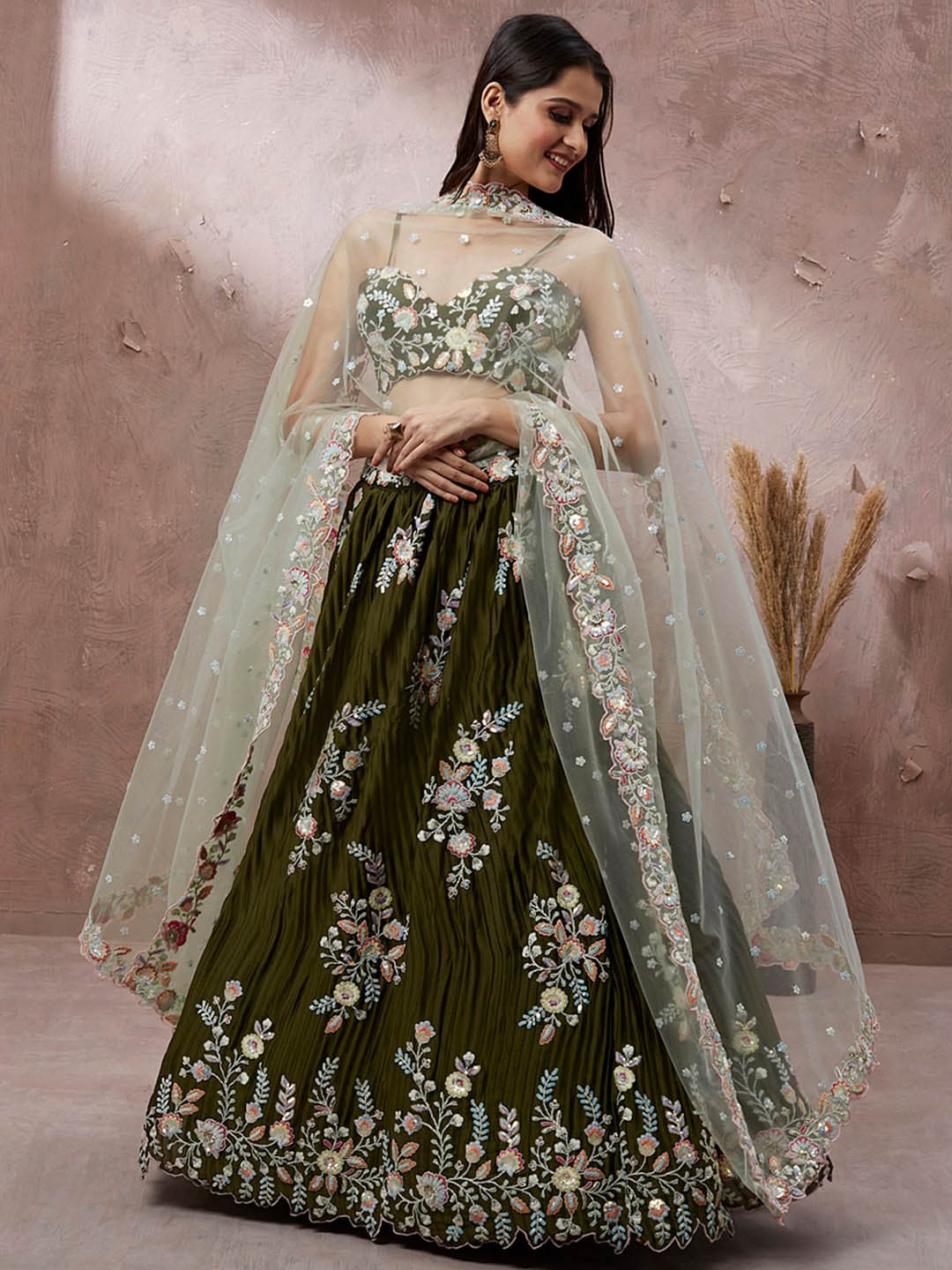 

panchhi Embroidered Thread Work Semi-Stitched Lehenga & Unstitched Blouse With Dupatta, Olive