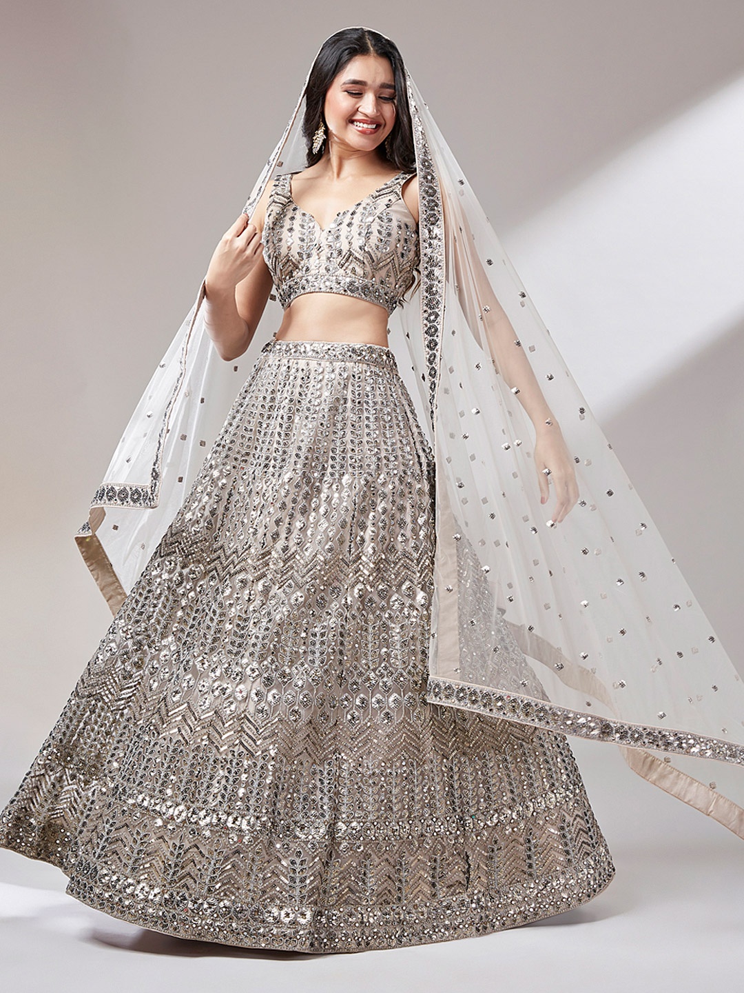 

panchhi Beige Embroidered Shoulder Straps Lehenga & Unstitched Blouse With Dupatta