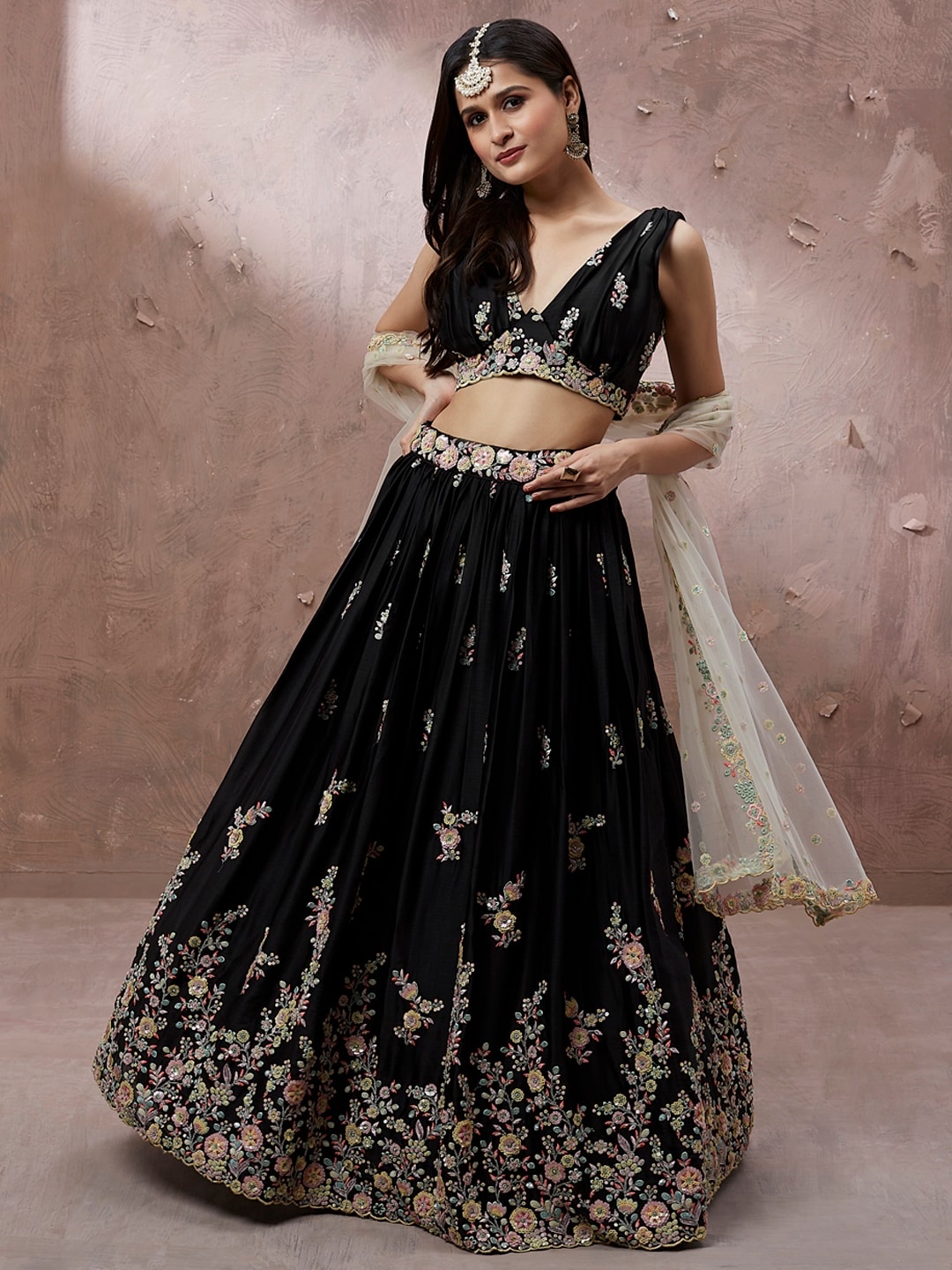 

panchhi Embroidered Sequinned Semi-Stitched Lehenga & Unstitched Blouse With Dupatta, Black