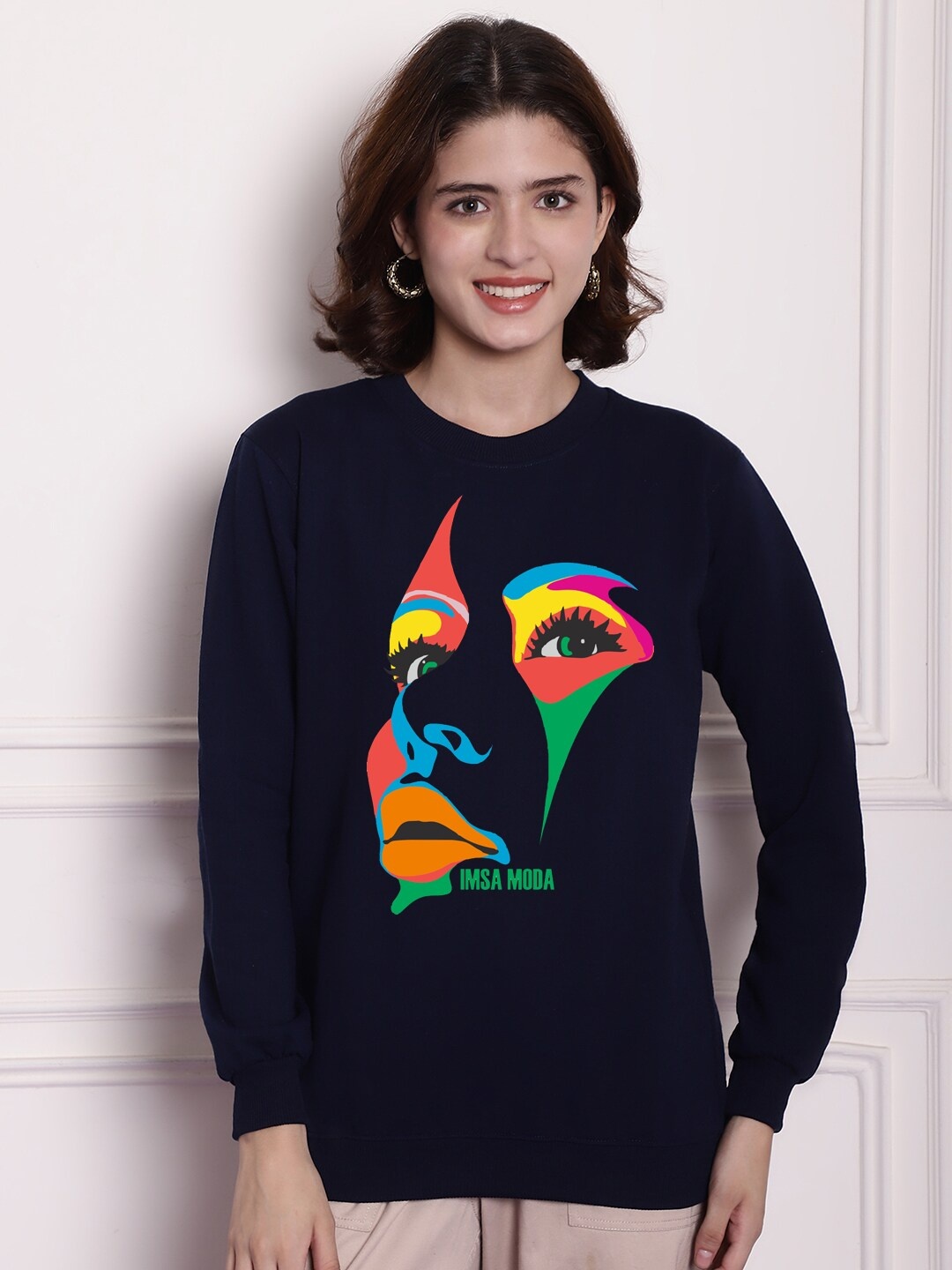 

Imsa Moda Graphic Printed Fleece Oversized Pullover Sweatshirt, Navy blue