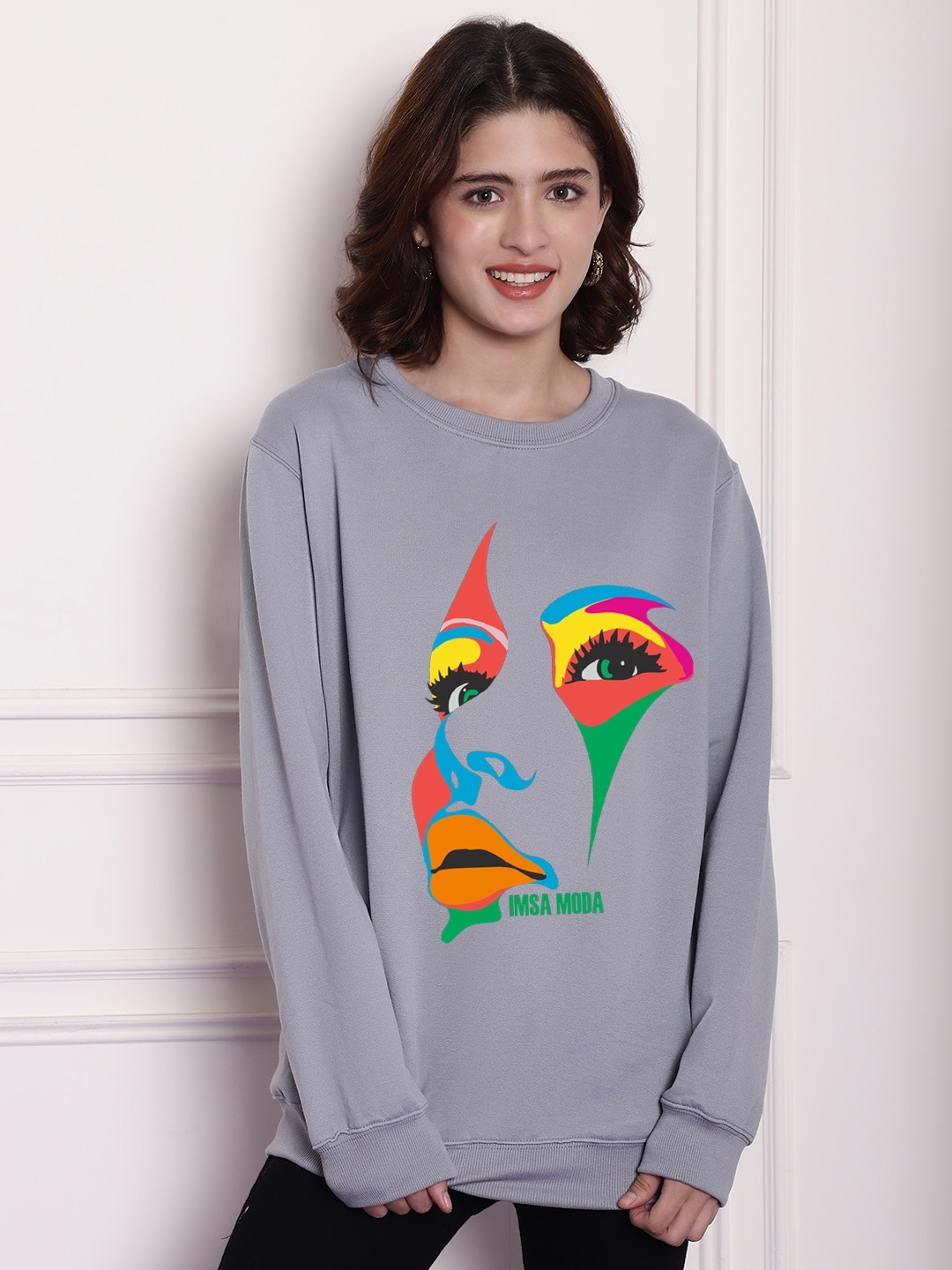 

Imsa Moda Graphic Printed Fleece Oversized Pullover Sweatshirt, Grey