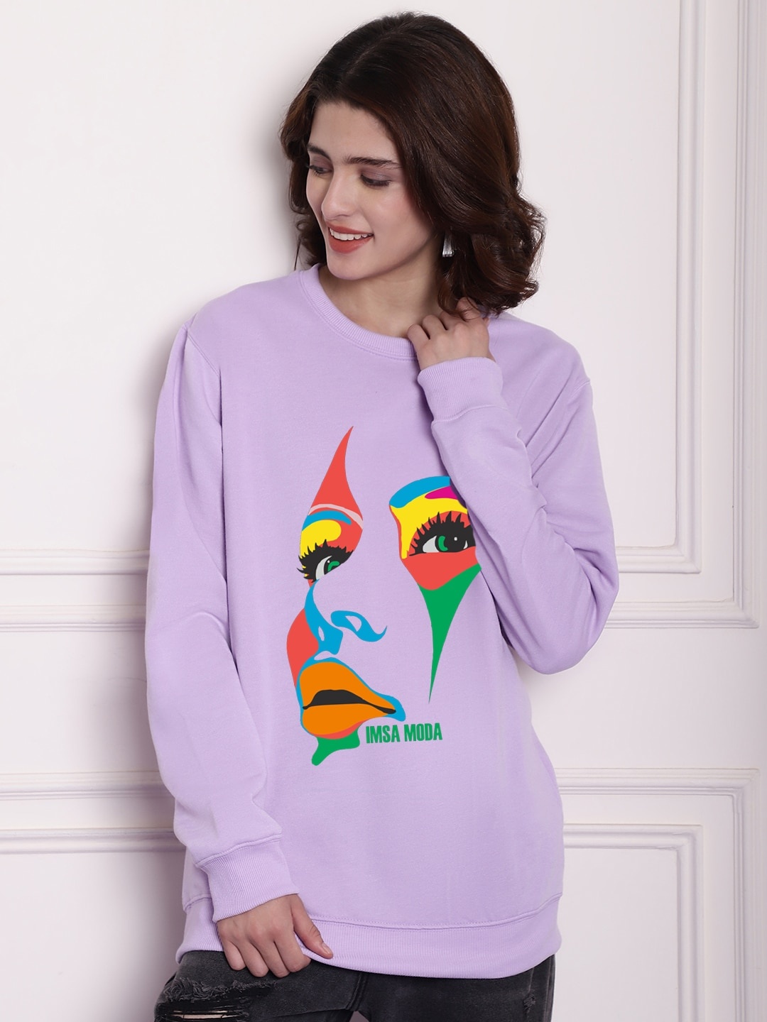

Imsa Moda Graphic Printed Fleece Oversized Pullover Sweatshirt, Lavender