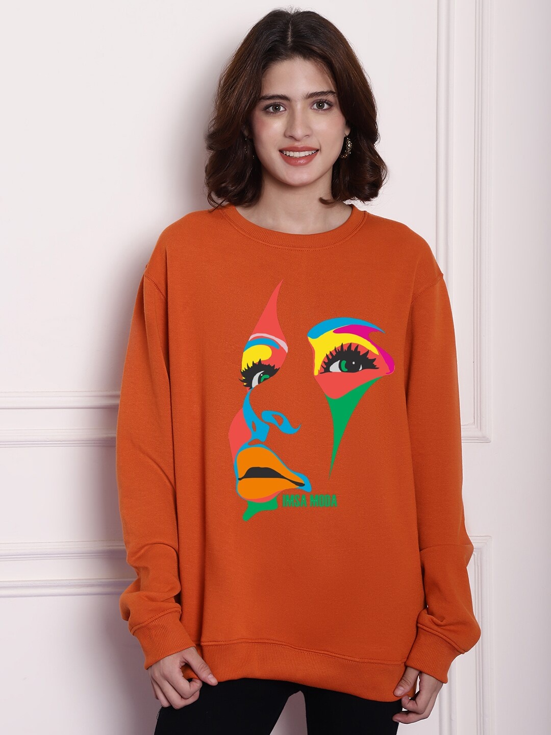 

Imsa Moda Graphic Printed Fleece Oversized Pullover Sweatshirt, Orange