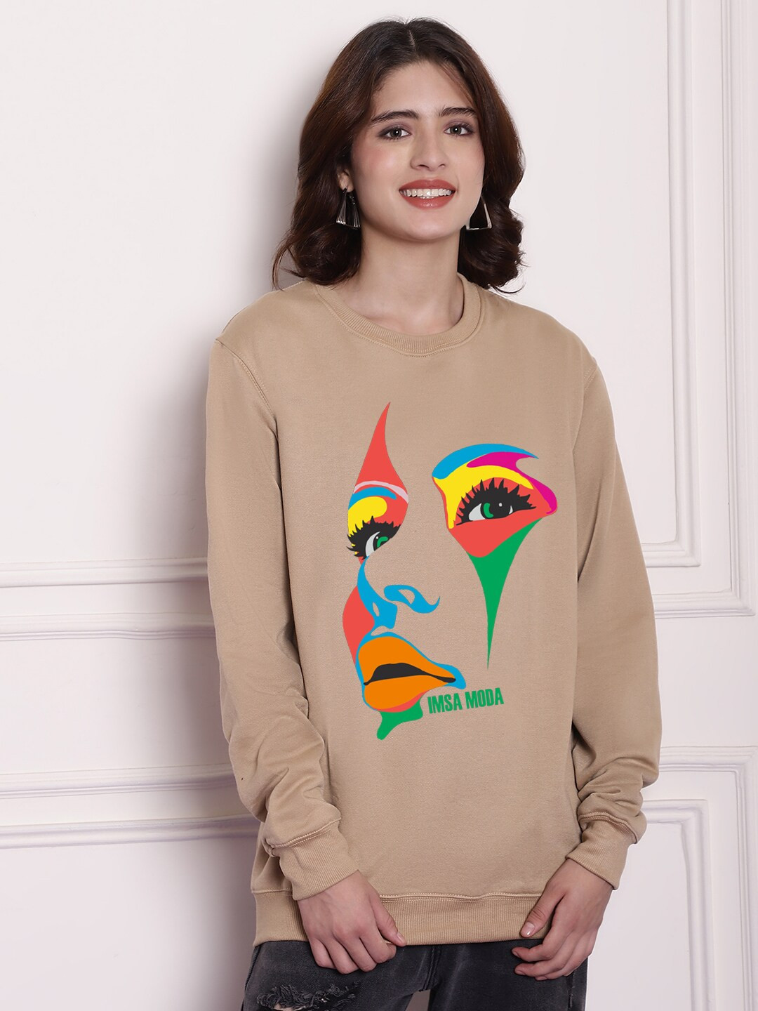 

Imsa Moda Graphic Printed Fleece Oversized Pullover Sweatshirt, Beige