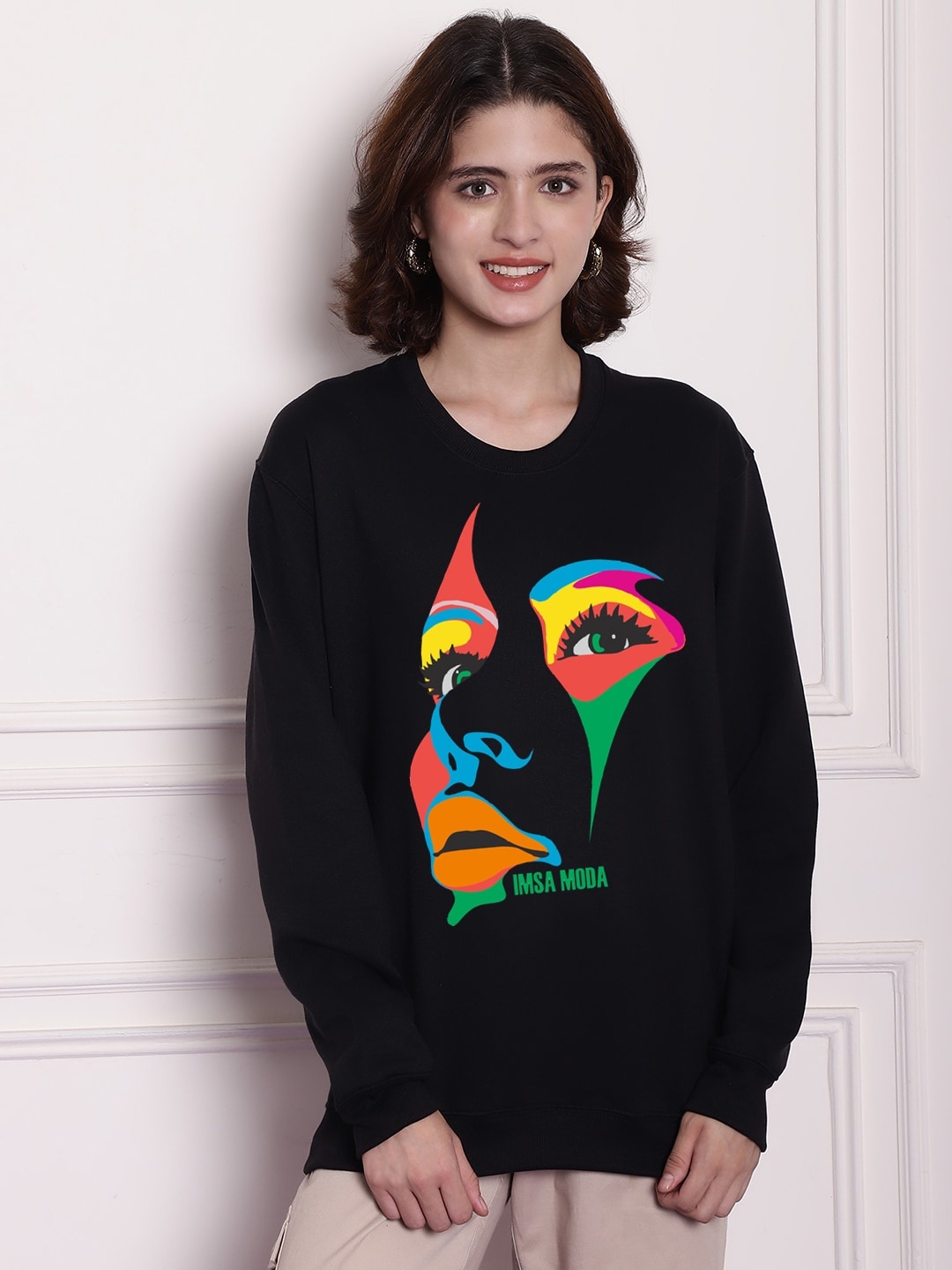 

Imsa Moda Graphic Printed Fleece Oversized Pullover Sweatshirt, Black