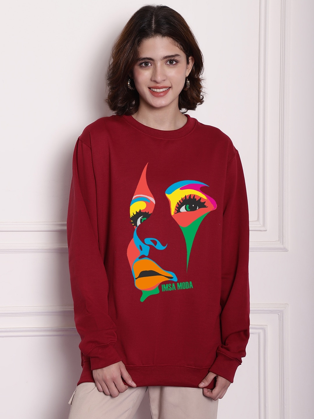 

Imsa Moda Graphic Printed Pullover Fleece Oversized Sweatshirt, Maroon