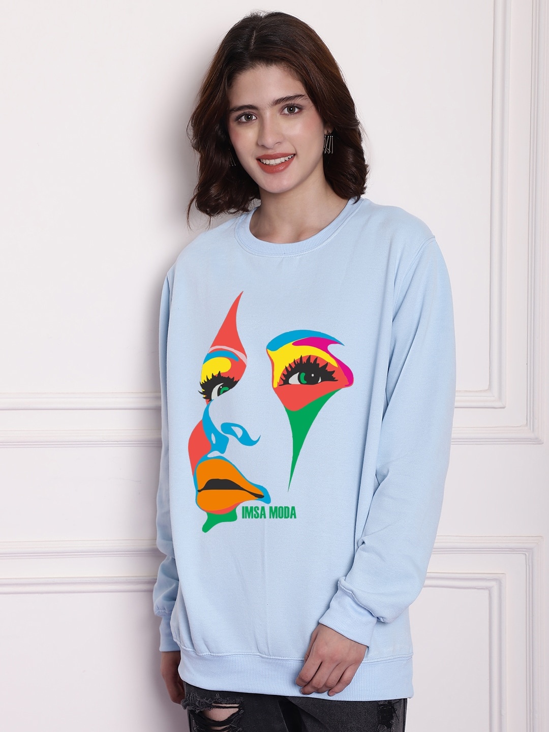 

Imsa Moda Graphic Printed Pullover Fleece Oversized Sweatshirt, Blue