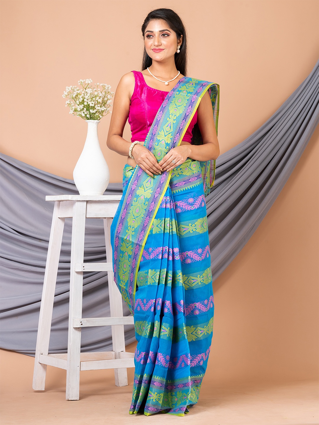 

HOUSE OF ARLI Ethnic Motifs Woven Design Zari Pure Cotton Taant Saree, Blue