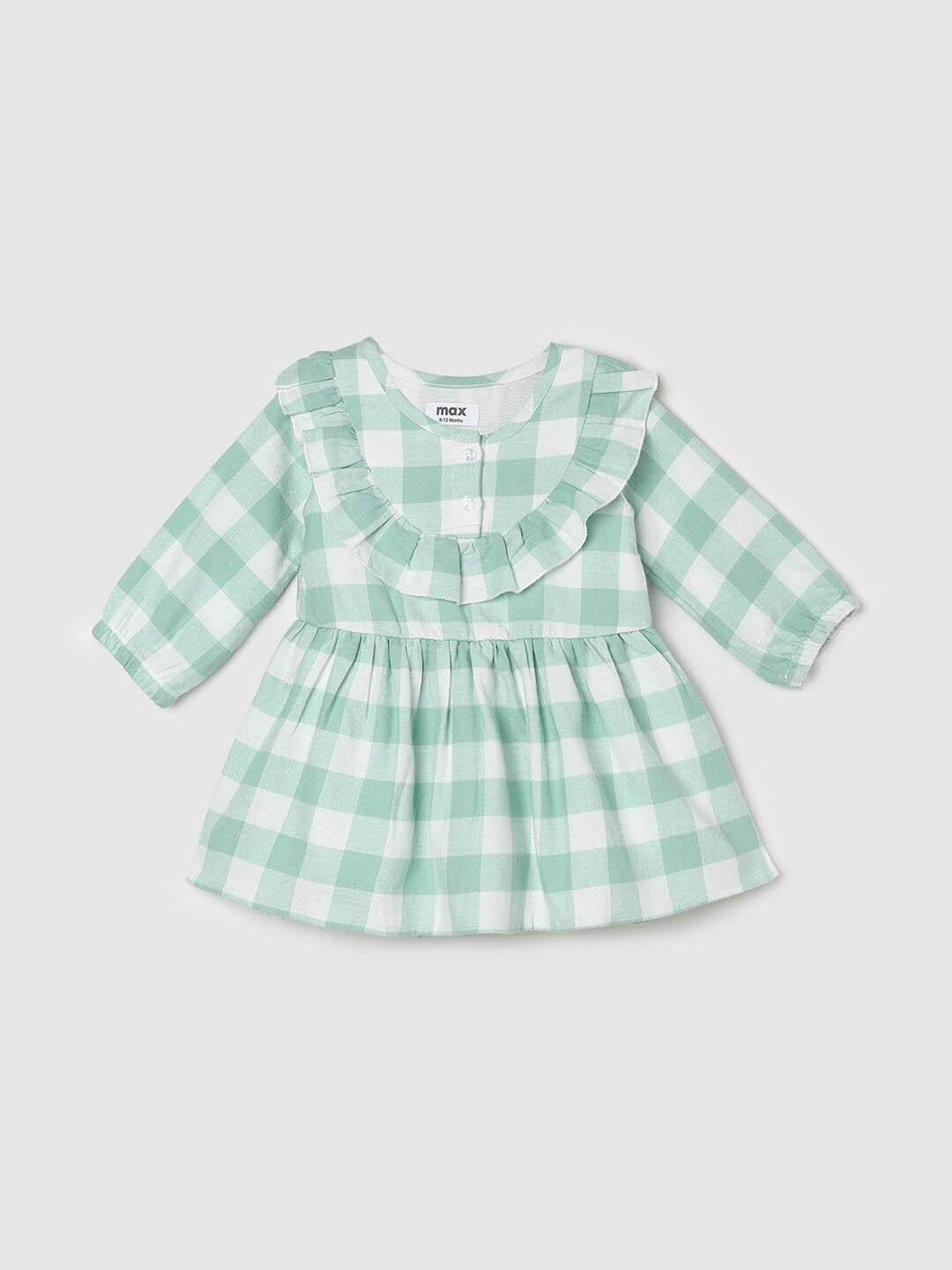 

max Girls Checked Bishop Sleeves A- Line Cotton Dress With Ruffle Detail, Sea green