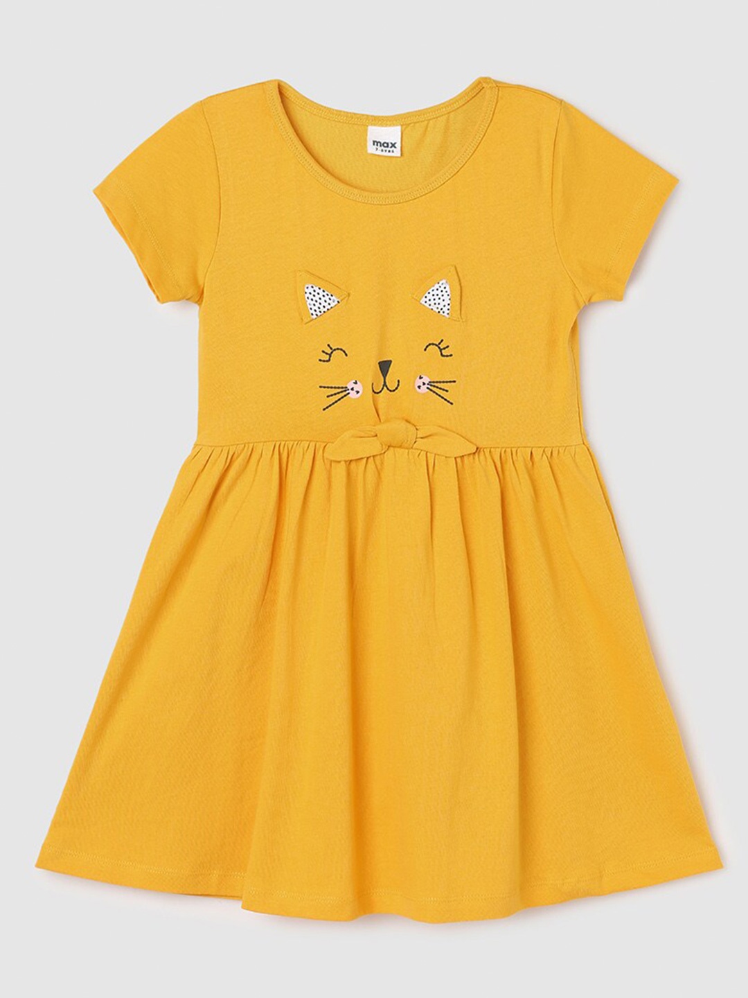 

max Girls Round Neck Gathered Cotton A-Line Dress, Mustard