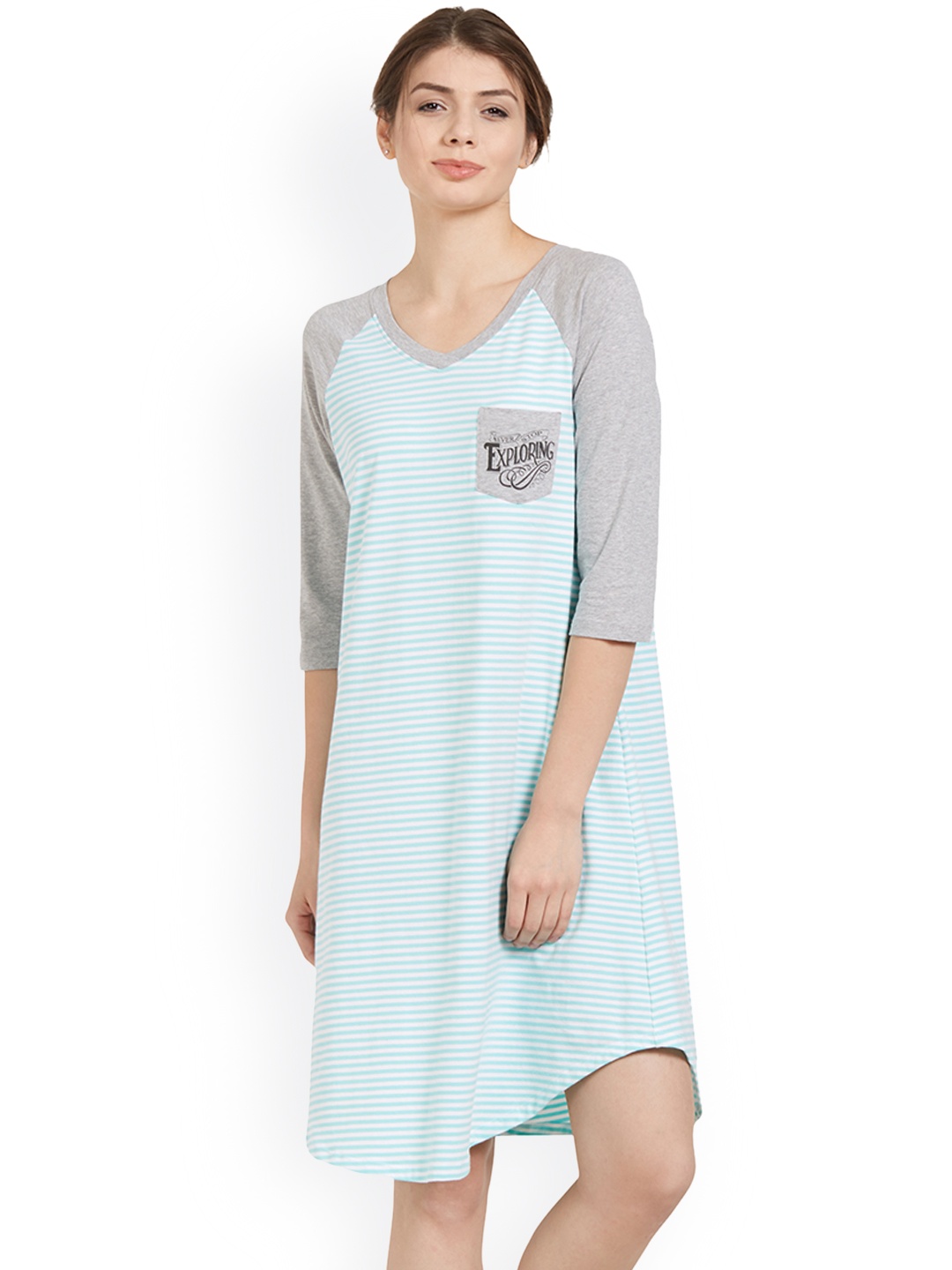 

Soie Blue Grey Striped Knee Length Nightdress NT-74MINT