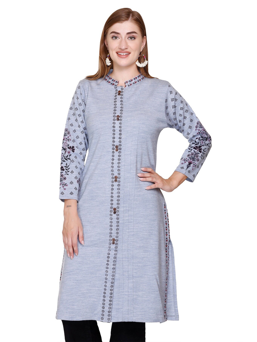 

Elthia Floral Printed Mandarin Collar Pure Woolen Straight Kurta, Grey