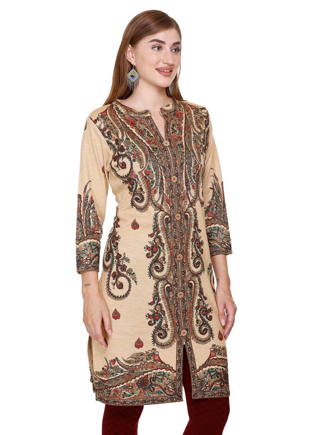

Elthia Ethnic Motifs Printed Wollen Kurta, Beige