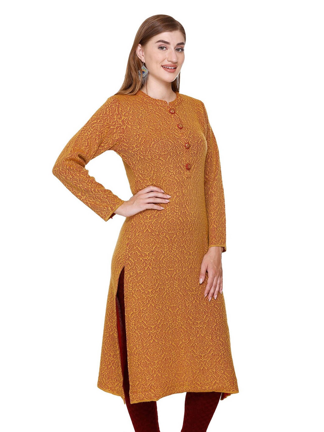 

Elthia Self Design Mandarin Collar Long Sleeves Woolen Kurta, Mustard