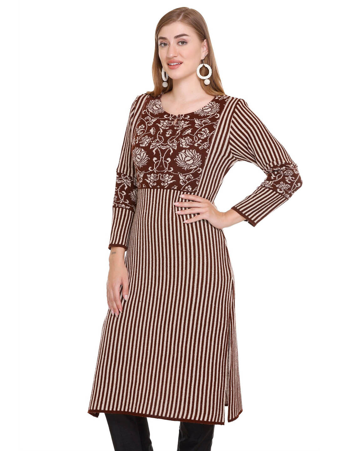 

Elthia Striped Keyhole Neck Three-Quarter Sleeves Pure Woolen Straight Kurta, Coffee brown