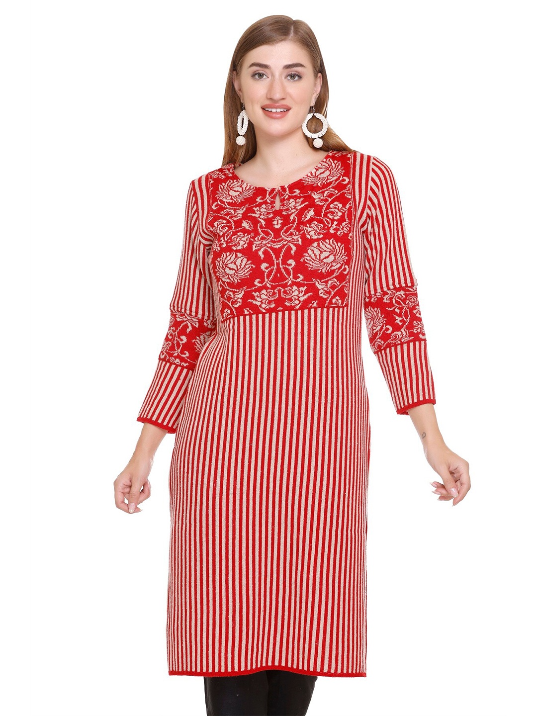 

Elthia Striped Keyhole Neck Three-Quarter Sleeves Pure Woolen Straight Kurta, Red