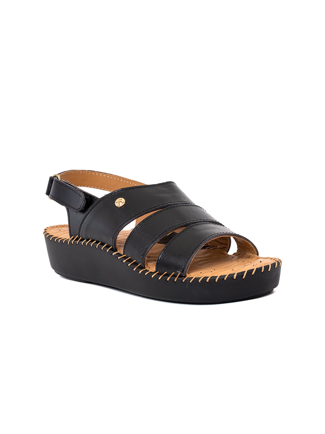 

Khadims Open Toe Leather Platform Heels With Buckles, Black