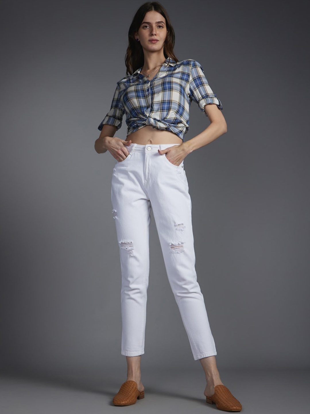 

Recap Women Comfort High-Rise Mildly Distressed Jeans, White