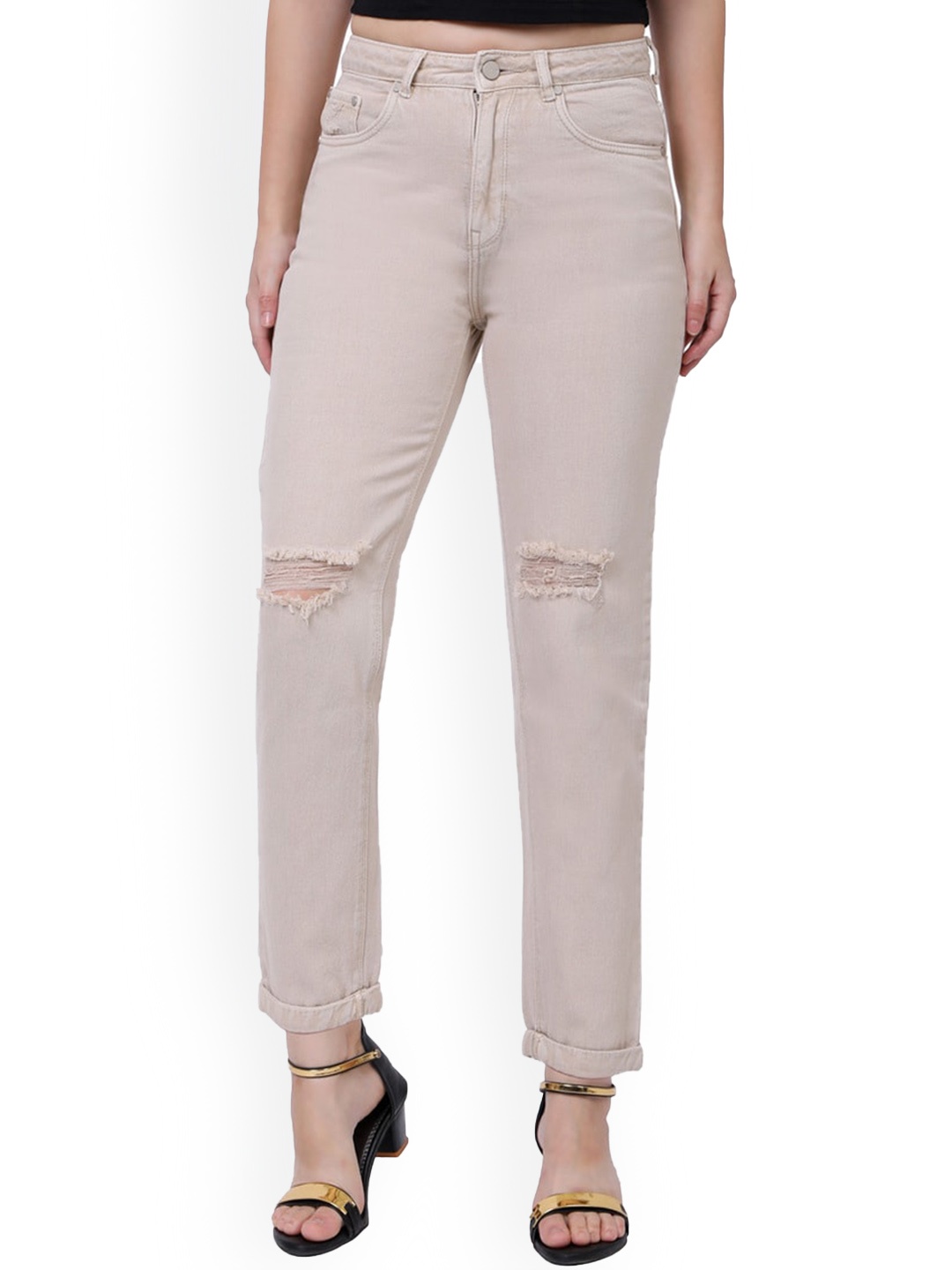 

Recap Women Comfort High-Rise Slash Knee Stretchable Jeans, Beige