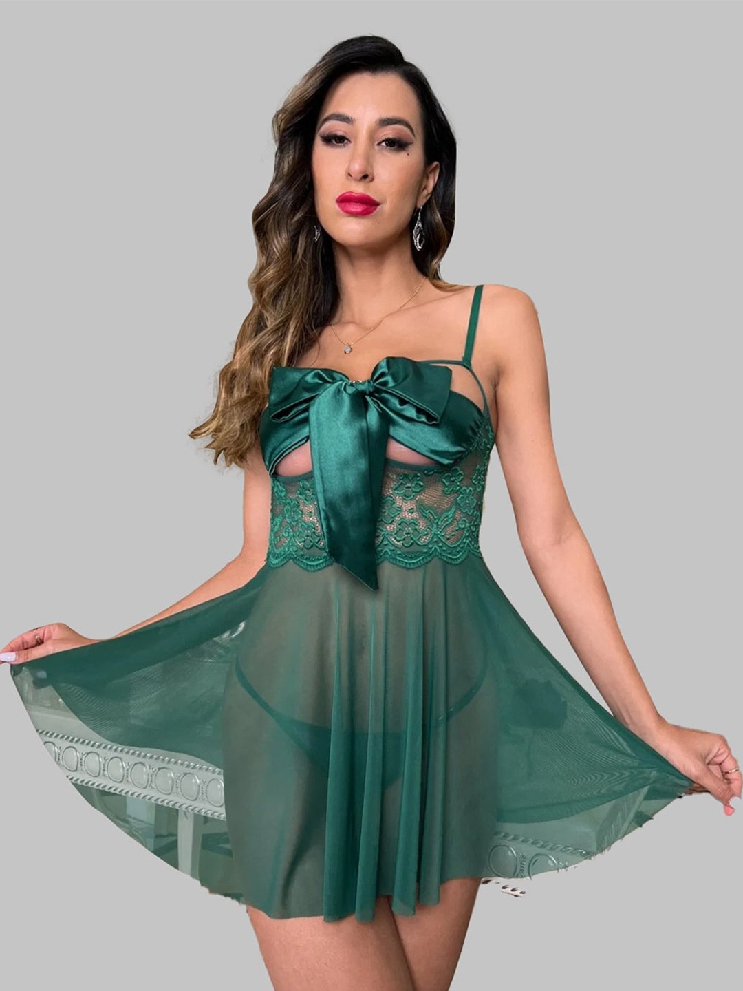 

Krelin Self Design Shoulder Straps Net Baby Doll, Green