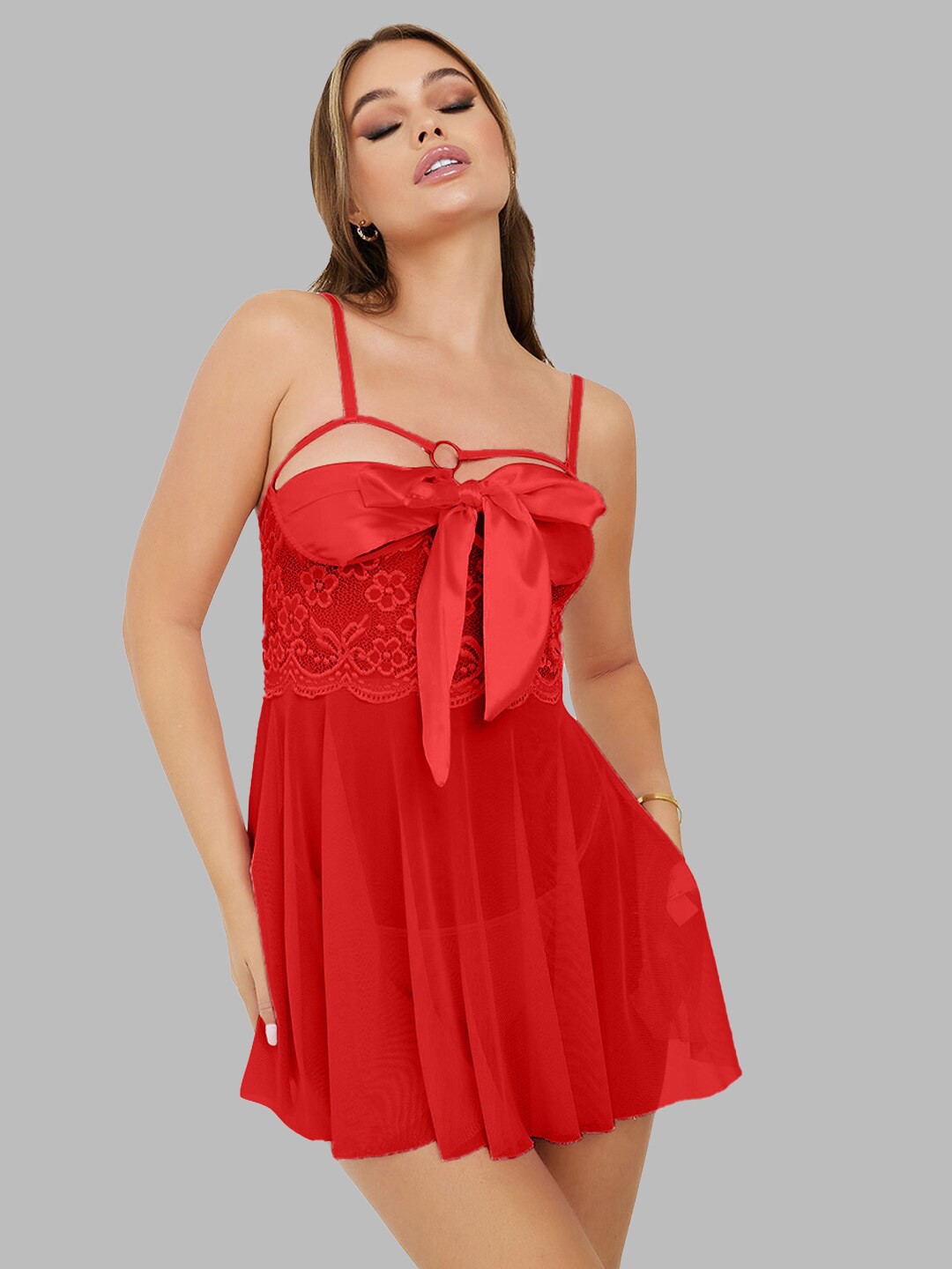 

Krelin Self Design Shoulder Straps Net Baby Doll, Red