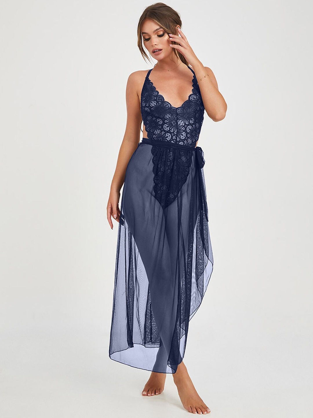 

Krelin Self Design Shoulder Straps Net Baby Doll, Navy blue