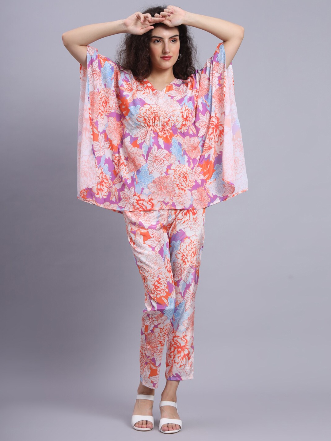 

FABDYOR Printed V-Neck Tunic with Trousers, Orange