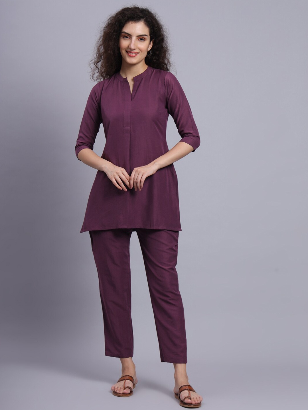 

FABDYOR Mandarin Collar Tunic with Trousers, Purple