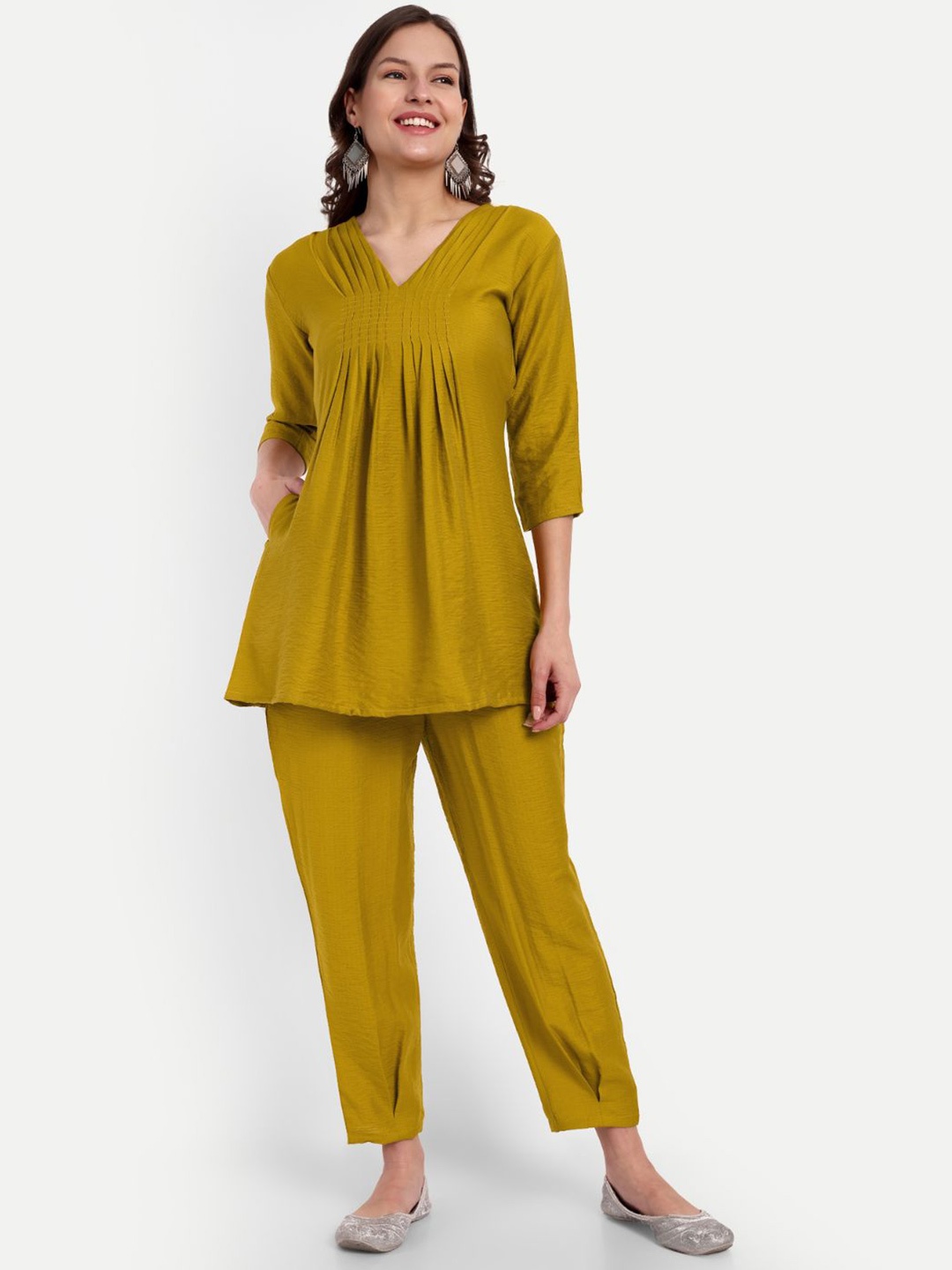 

FABDYOR V-Neck Pure Cotton A-Line Kurta With Trousers, Yellow