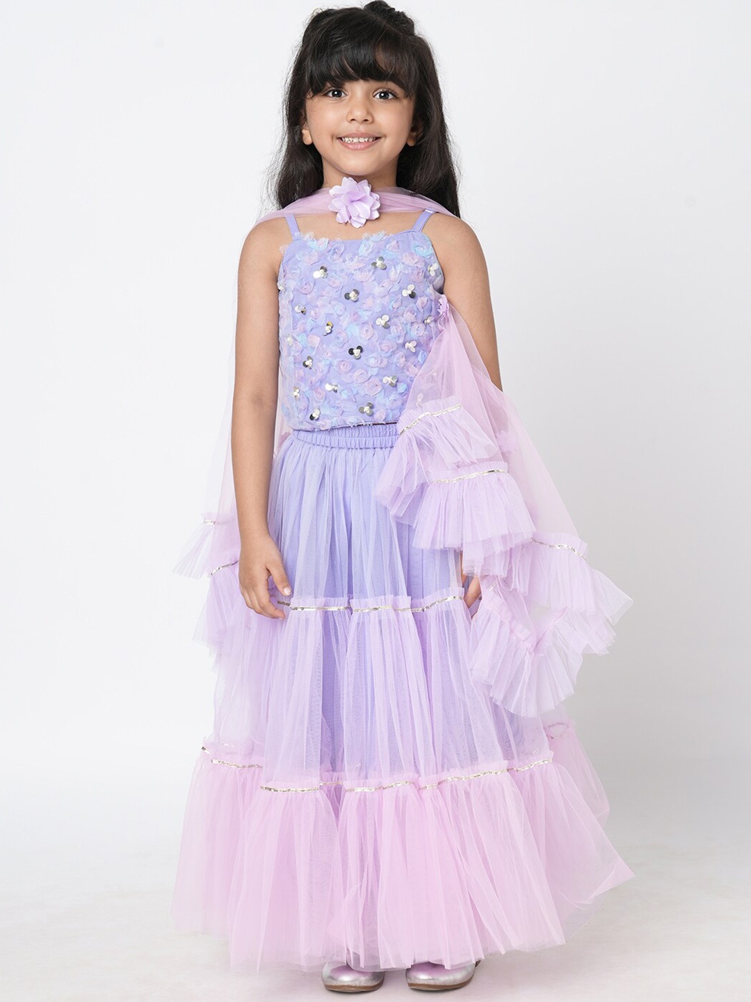 

LIL DRAMA Girls Lavender Embellished Thread Work Ready to Wear Lehenga & Blouse With Dupatta