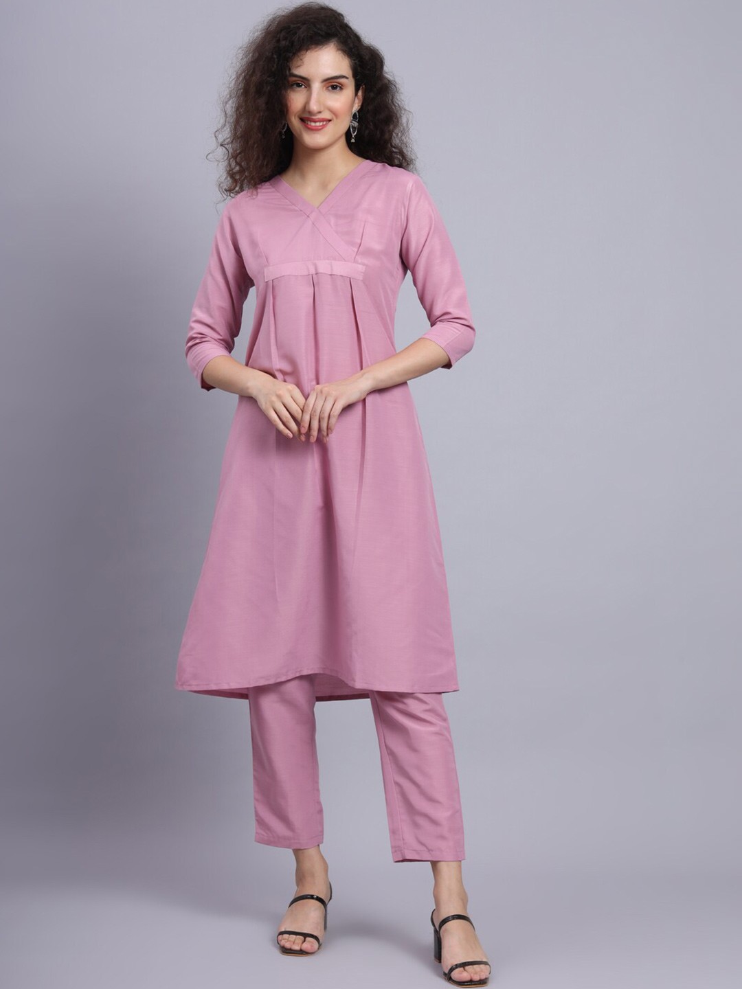 

FABDYOR V-Neck Pure Cotton A-Line Kurta With Trousers, Pink