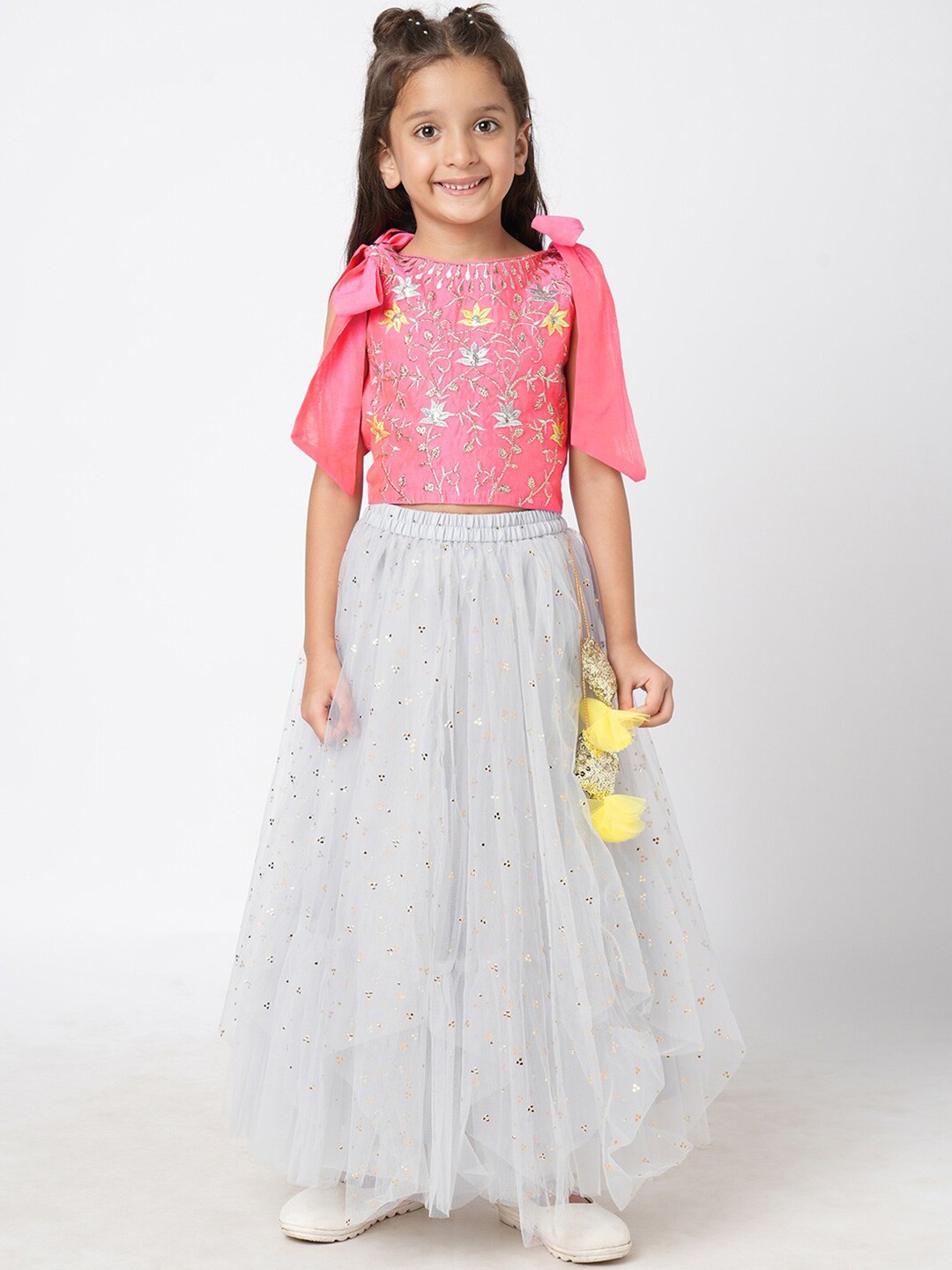 

LIL DRAMA Girls Embroidered Thread Work Ready to Wear Lehenga & Blouse, Pink