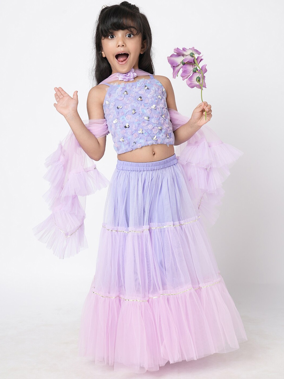 

LIL DRAMA Girls Embroidered Ready to Wear Lehenga & Blouse With Dupatta, Lavender