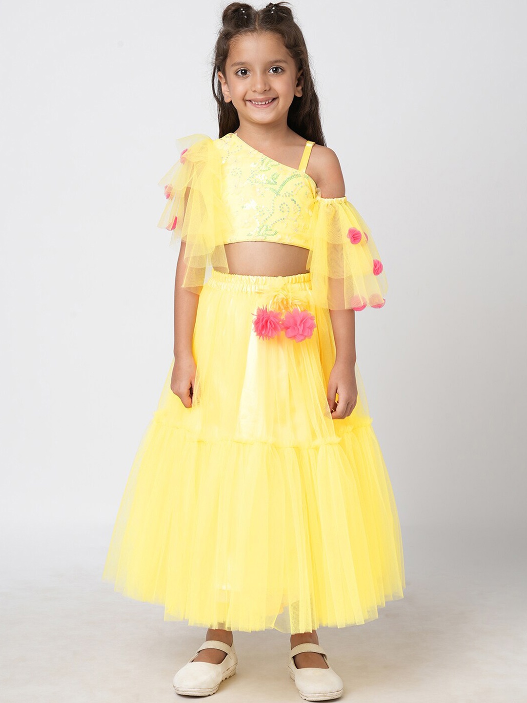 

LIL DRAMA Girls Embellished Ready to Wear Lehenga & Blouse, Yellow