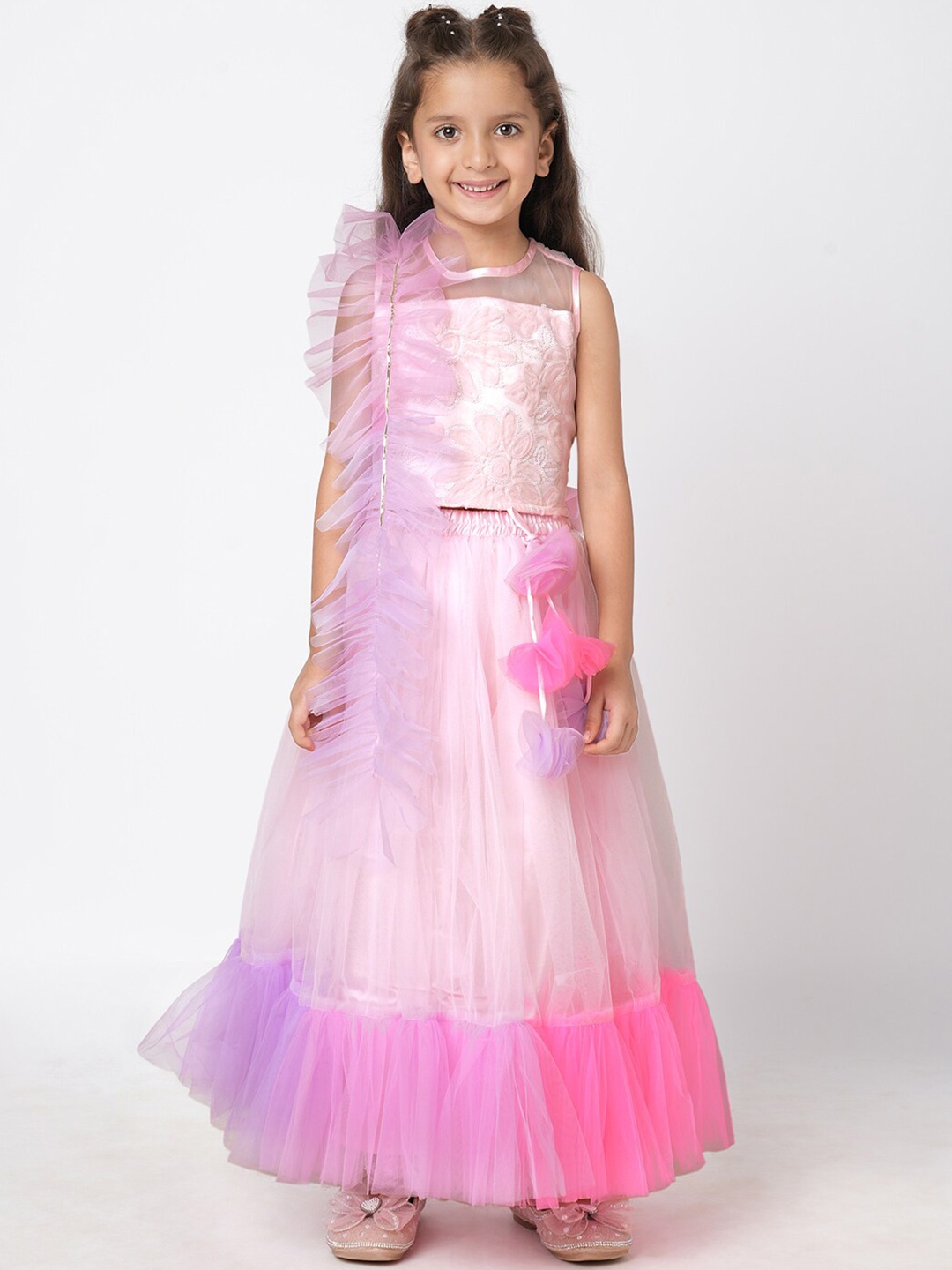 

LIL DRAMA Girls Pink & Purple Embroidered Sequinned Ready to Wear Lehenga &