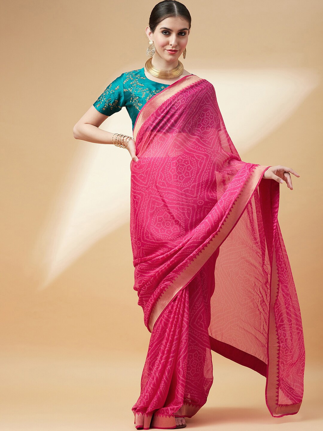 

Anouk Bandhani Printed Pure Chiffon Bandhani Saree, Pink